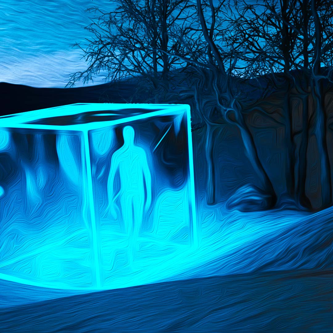 tableau concept art homme bleu dans un cube de verre sous la neige